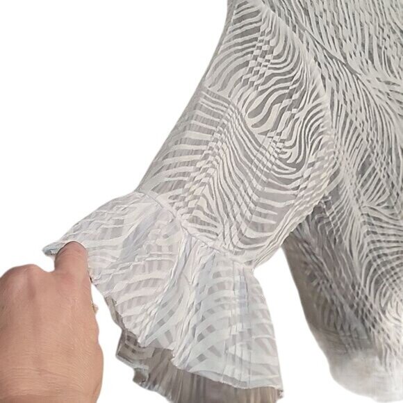 Sheer White Button-Down Blouse With Textured Abstract Pattern 3/4 Ruffled Sleeve - Picture 4 of 7